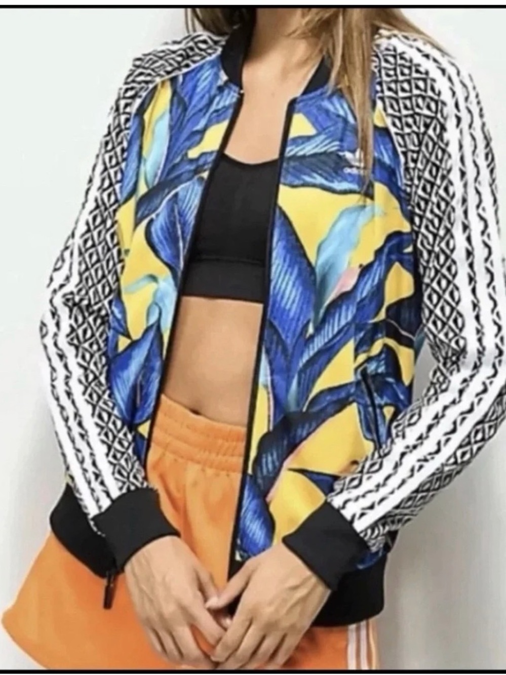 ADIDAS x FARM RIO Women's Yellow & Blue Botanical Bomber Jacket